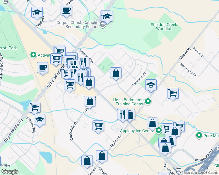 map of restaurants, bars, coffee shops, grocery stores, and more near 5030 Corporate Drive in Burlington