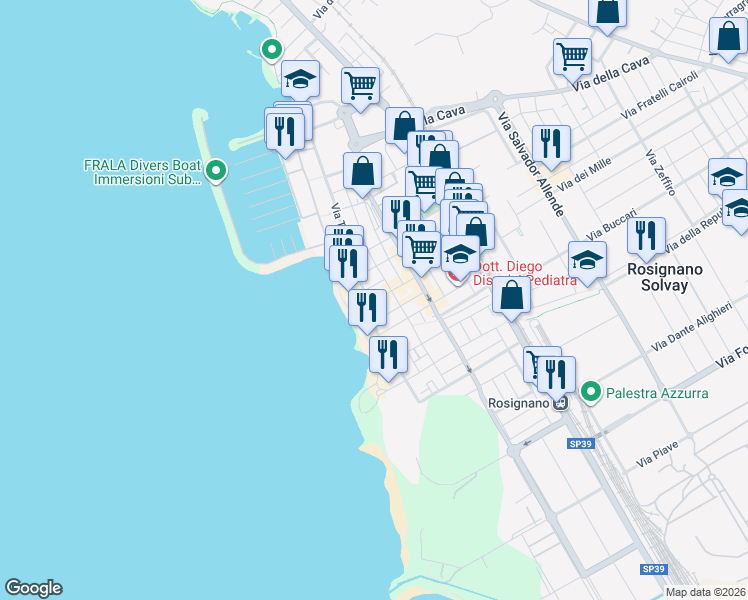 map of restaurants, bars, coffee shops, grocery stores, and more near 12 Viale Trieste in Rosignano Solvay-castiglioncell