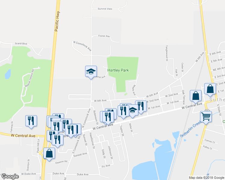 map of restaurants, bars, coffee shops, grocery stores, and more near 443 Willow Creek Lane in Sutherlin