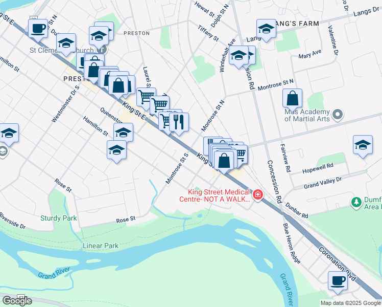map of restaurants, bars, coffee shops, grocery stores, and more near 1350 Waterloo Regional Road 8 in Cambridge