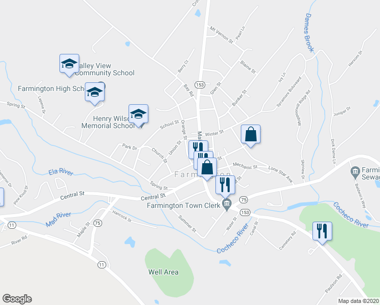 map of restaurants, bars, coffee shops, grocery stores, and more near 3 Central Street in Farmington
