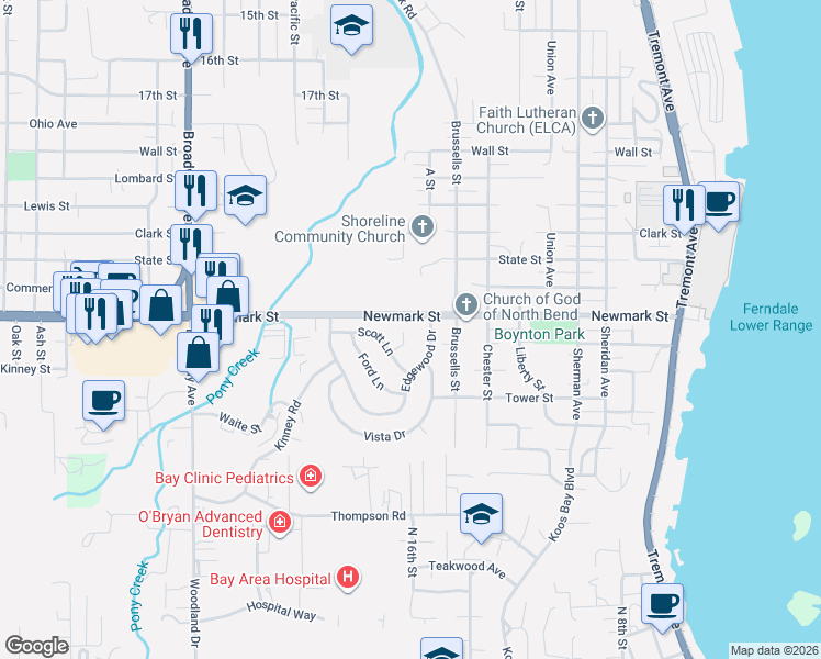 map of restaurants, bars, coffee shops, grocery stores, and more near 3461 Scott Court in North Bend