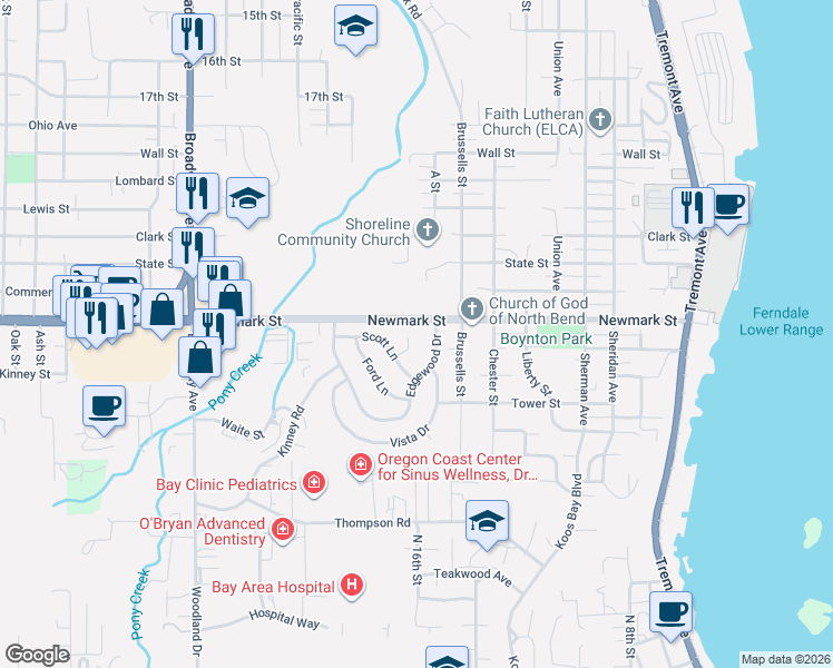 map of restaurants, bars, coffee shops, grocery stores, and more near 3461 Scott Court in North Bend