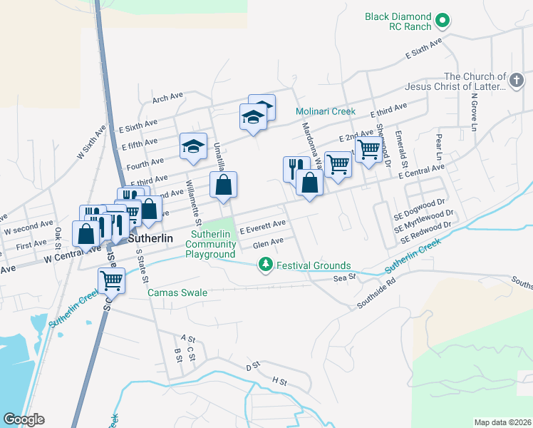 map of restaurants, bars, coffee shops, grocery stores, and more near 568 East Central Avenue in Sutherlin