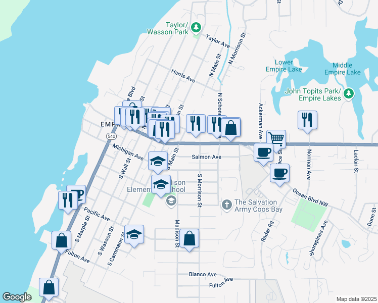 map of restaurants, bars, coffee shops, grocery stores, and more near 978 Michigan Avenue in Coos Bay