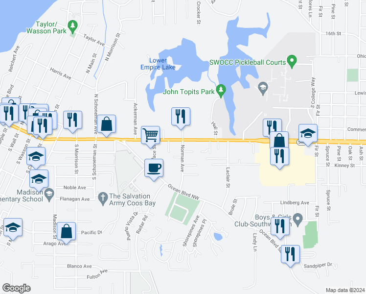 map of restaurants, bars, coffee shops, grocery stores, and more near 183 Norman Avenue in Coos Bay