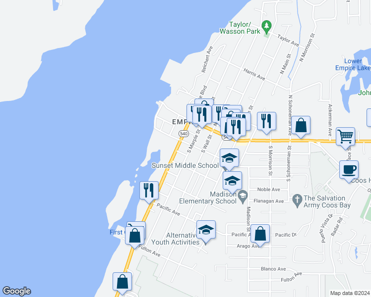 map of restaurants, bars, coffee shops, grocery stores, and more near 283 South Empire Boulevard in Coos Bay
