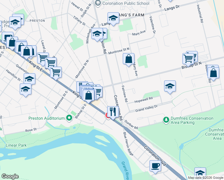 map of restaurants, bars, coffee shops, grocery stores, and more near 1584 Concession Road in Cambridge