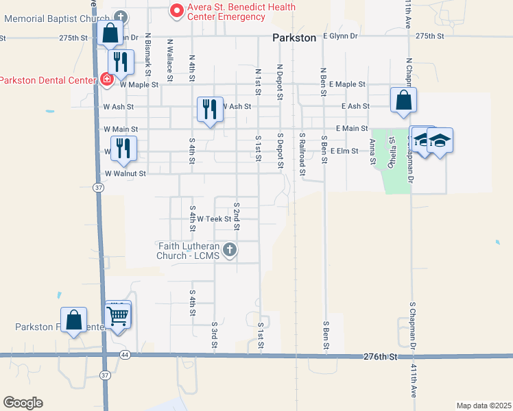 map of restaurants, bars, coffee shops, grocery stores, and more near 408 South 1st Street in Parkston