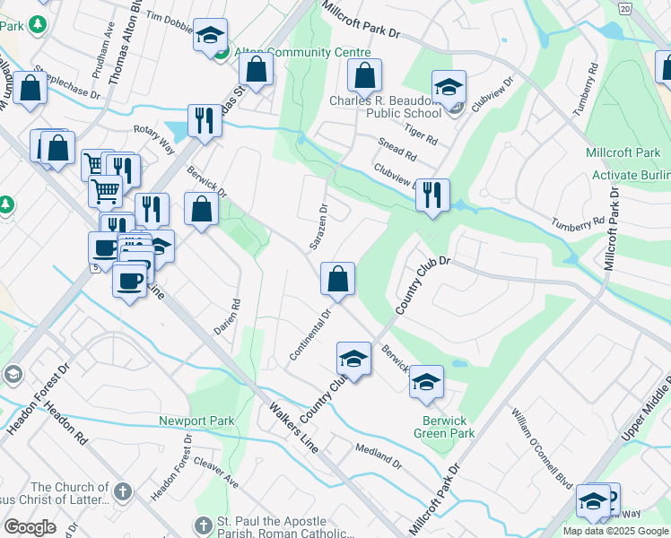 map of restaurants, bars, coffee shops, grocery stores, and more near 4255 Kane Crescent in Burlington