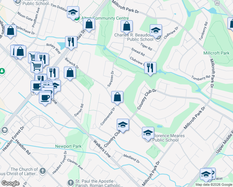 map of restaurants, bars, coffee shops, grocery stores, and more near 4255 Kane Crescent in Burlington