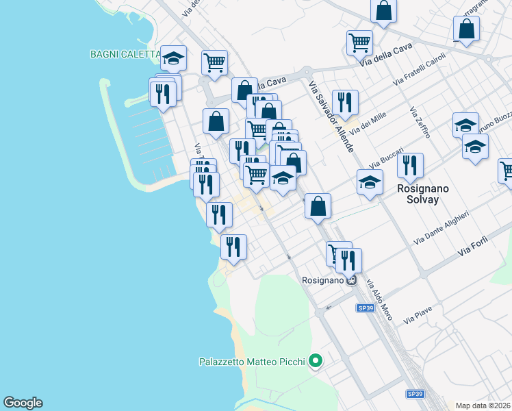 map of restaurants, bars, coffee shops, grocery stores, and more near 22 Via Arturo Toscanini in Rosignano Solvay-castiglioncell