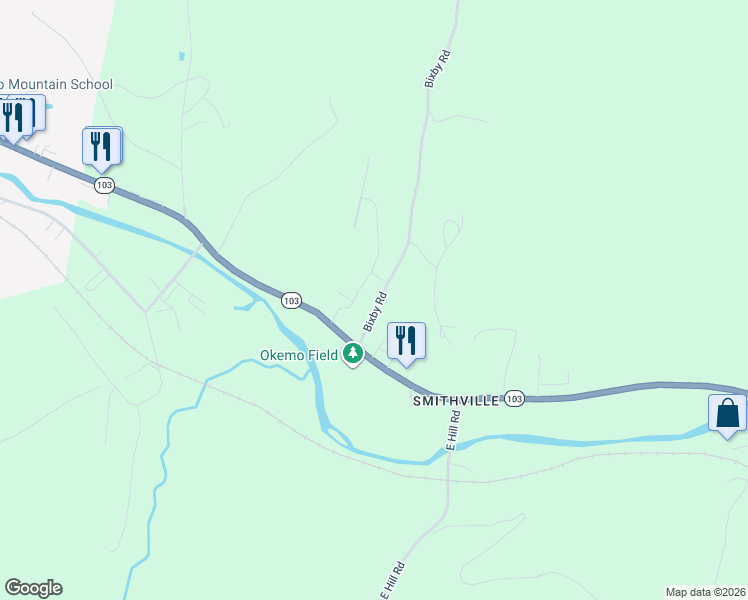 map of restaurants, bars, coffee shops, grocery stores, and more near 63 Bixby Road in Windsor County