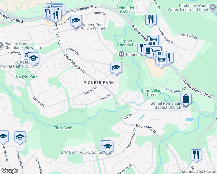 map of restaurants, bars, coffee shops, grocery stores, and more near 868 Doon Village Road in Kitchener
