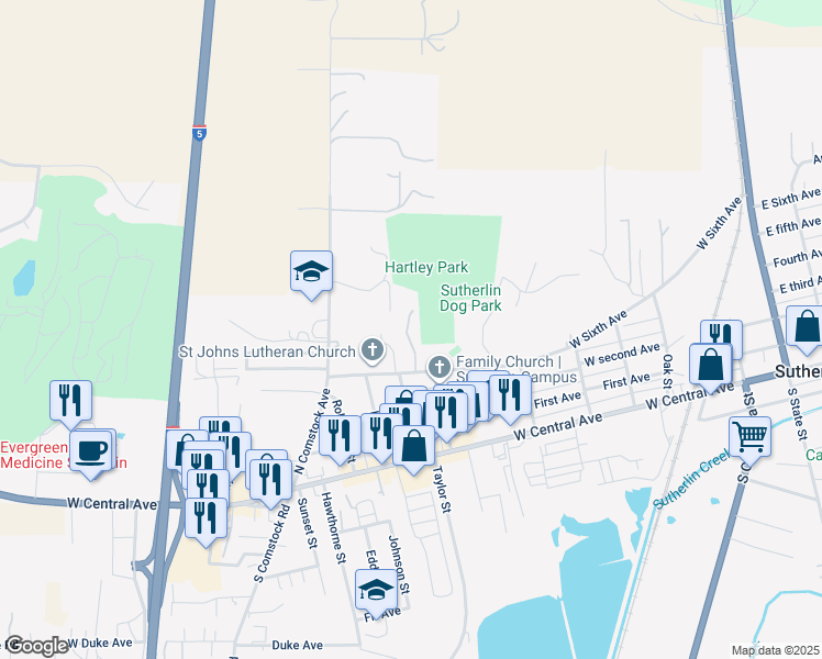 map of restaurants, bars, coffee shops, grocery stores, and more near 448 Willow Creek Lane in Sutherlin