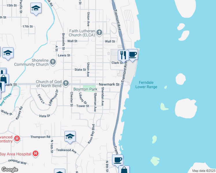 map of restaurants, bars, coffee shops, grocery stores, and more near 575 Commercial Street in North Bend