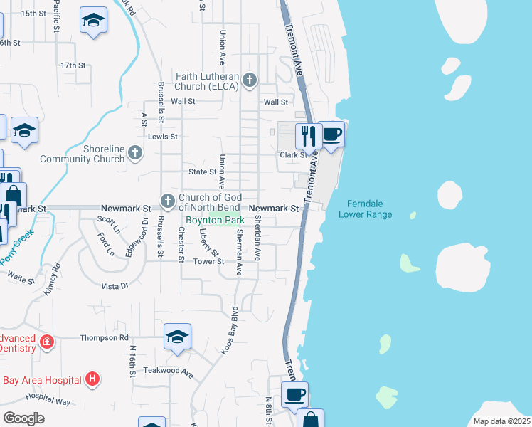 map of restaurants, bars, coffee shops, grocery stores, and more near 575 Commercial Street in North Bend