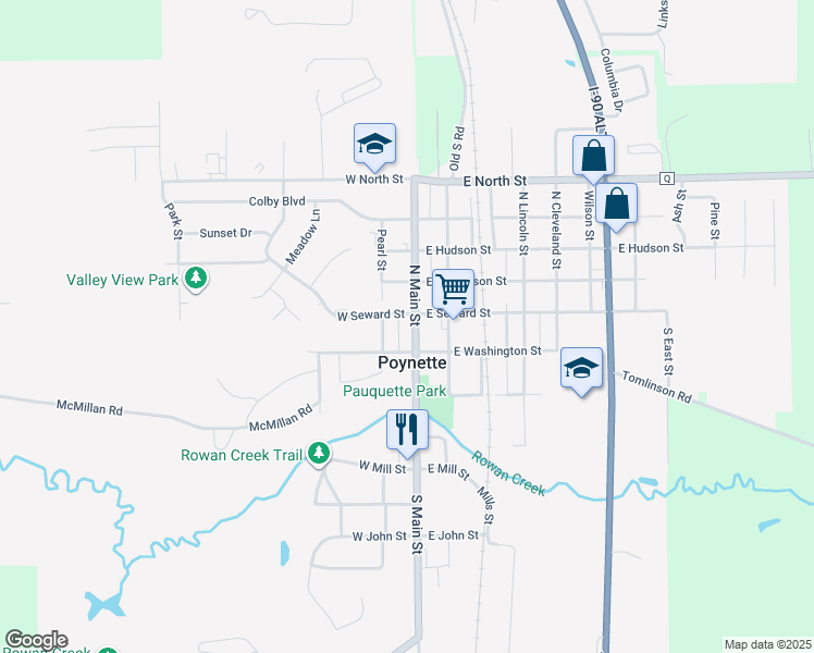 map of restaurants, bars, coffee shops, grocery stores, and more near 139 North Main Street in Poynette