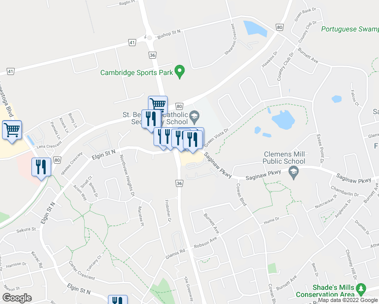map of restaurants, bars, coffee shops, grocery stores, and more near 95 Saginaw Parkway in Cambridge