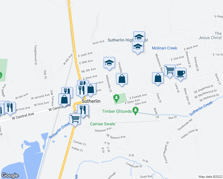 map of restaurants, bars, coffee shops, grocery stores, and more near 103 Willamette Street in Sutherlin