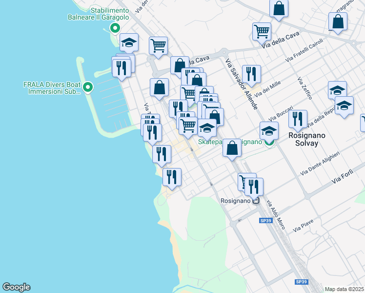 map of restaurants, bars, coffee shops, grocery stores, and more near 1 Via Gioacchino Rossini in Rosignano Solvay-Castiglioncello