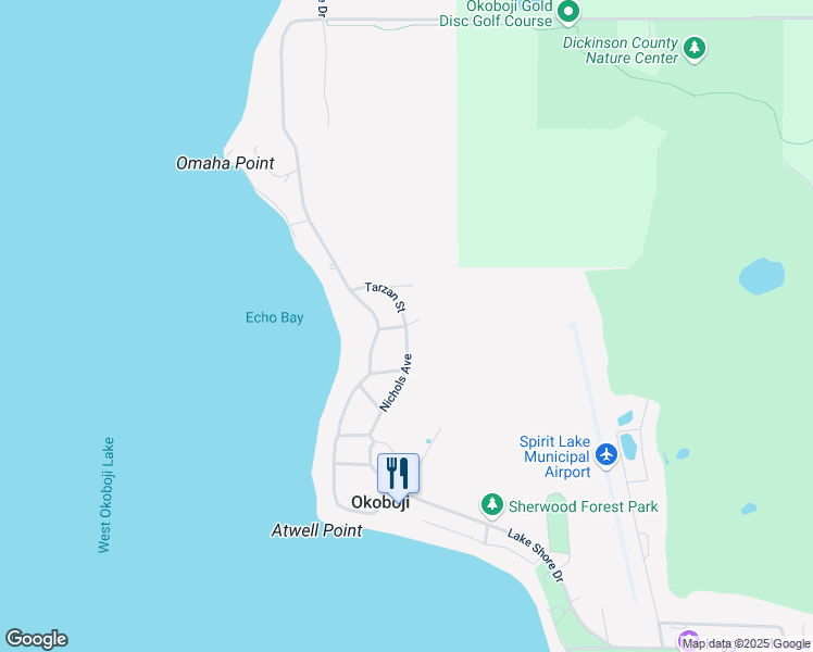 map of restaurants, bars, coffee shops, grocery stores, and more near 2201 Nichols Avenue in Okoboji