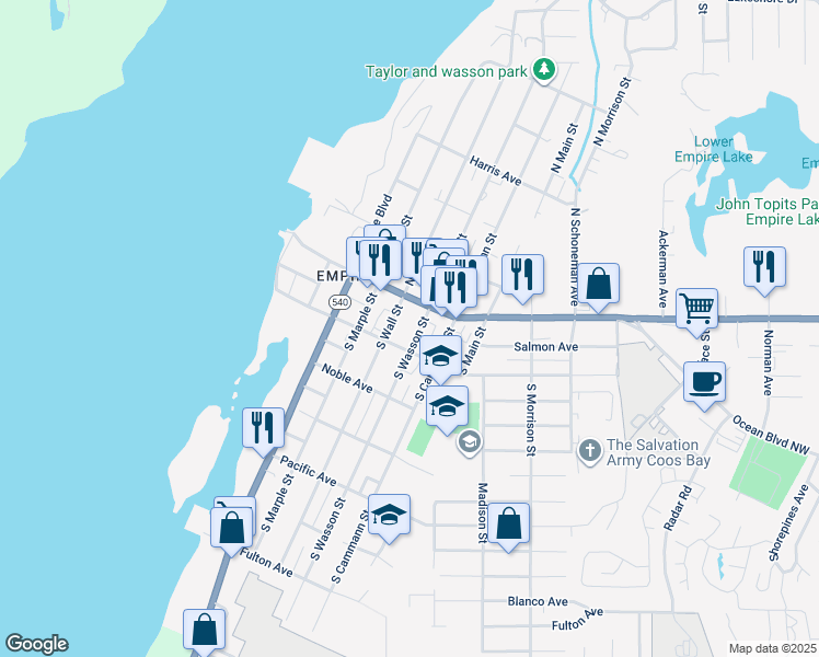 map of restaurants, bars, coffee shops, grocery stores, and more near 135 South Wall Street in Coos Bay