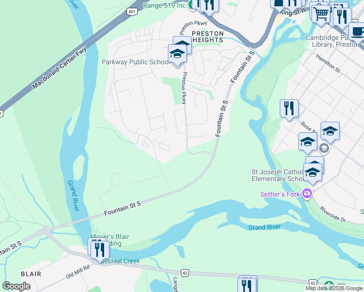 map of restaurants, bars, coffee shops, grocery stores, and more near 688 Preston Parkway in Cambridge