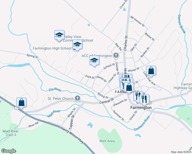 map of restaurants, bars, coffee shops, grocery stores, and more near 51 School Street in Farmington