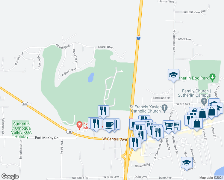 map of restaurants, bars, coffee shops, grocery stores, and more near 448 Wildcat Canyon Road in Sutherlin