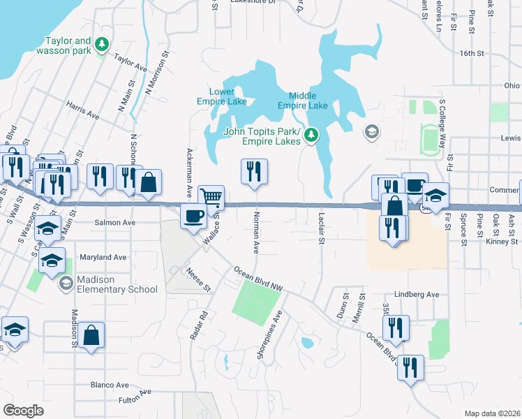 map of restaurants, bars, coffee shops, grocery stores, and more near 121 Norman Avenue in Coos Bay
