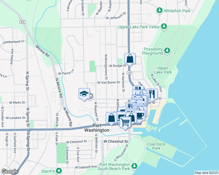 map of restaurants, bars, coffee shops, grocery stores, and more near 455 North Montgomery Street in Port Washington