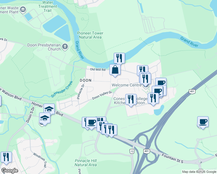 map of restaurants, bars, coffee shops, grocery stores, and more near 46 Durham Street in Kitchener