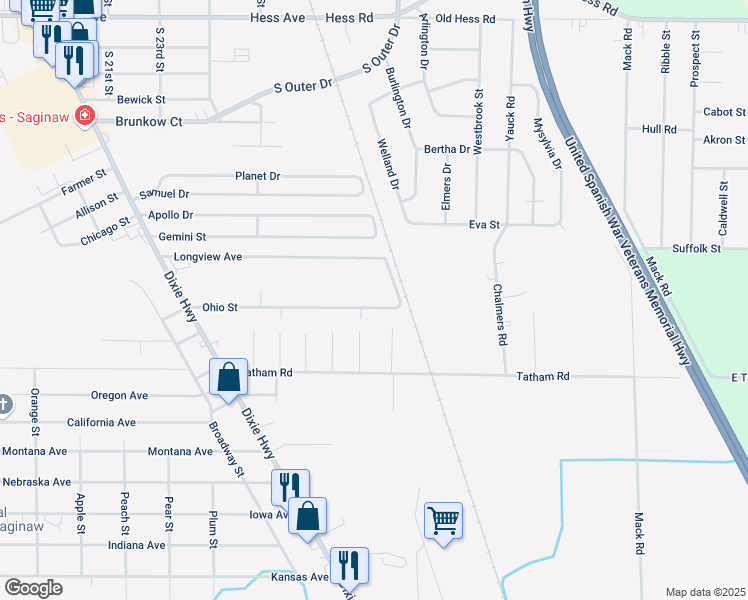 map of restaurants, bars, coffee shops, grocery stores, and more near 2921 Ohio Street in Saginaw