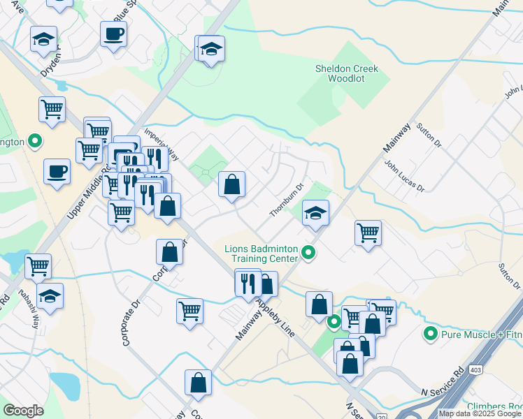 map of restaurants, bars, coffee shops, grocery stores, and more near 1701 Lampman Avenue in Burlington
