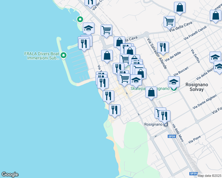 map of restaurants, bars, coffee shops, grocery stores, and more near 99 Via Pietro Mascagni in Rosignano Solvay-castiglioncell