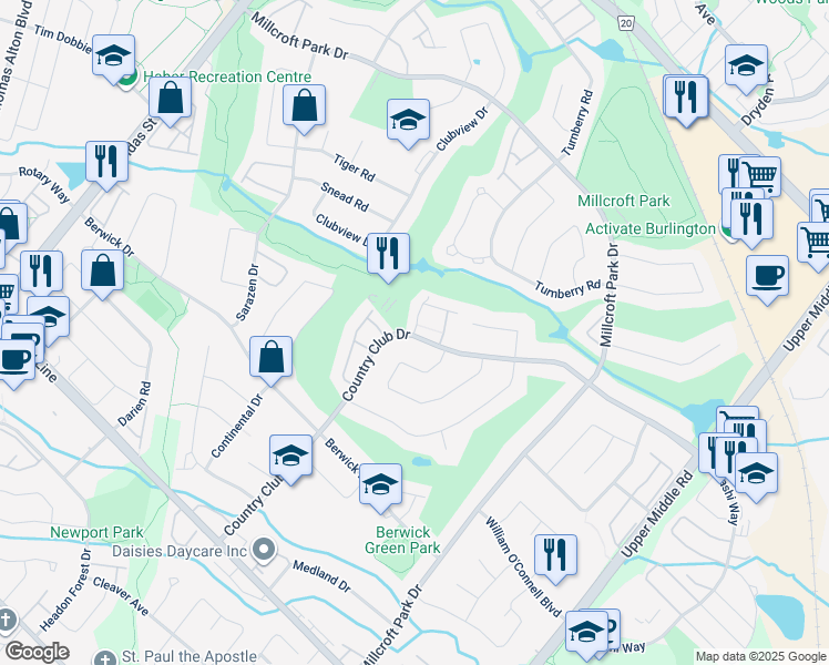 map of restaurants, bars, coffee shops, grocery stores, and more near 2145 Country Club Drive in Burlington