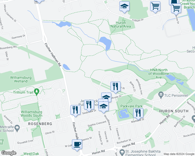 map of restaurants, bars, coffee shops, grocery stores, and more near 302 Woodbine Avenue in Kitchener