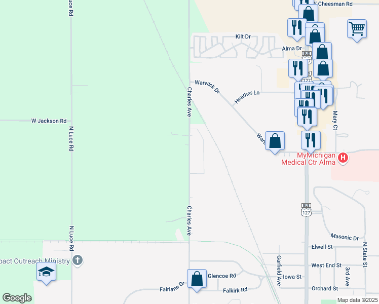 map of restaurants, bars, coffee shops, grocery stores, and more near 1414 Charles Avenue in Alma