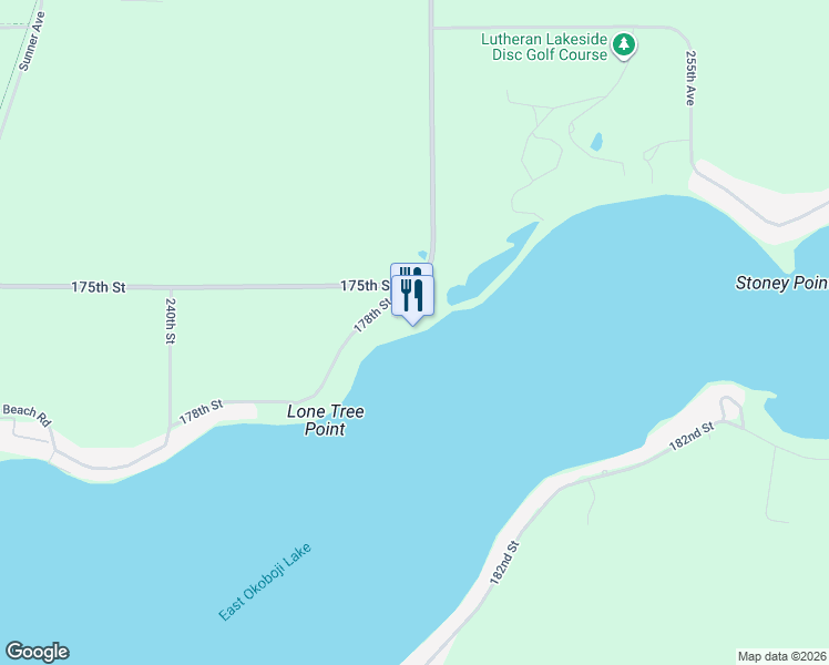 map of restaurants, bars, coffee shops, grocery stores, and more near 25599 178th Street in Okoboji