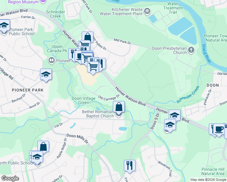 map of restaurants, bars, coffee shops, grocery stores, and more near 200 Old Carriage Drive in Kitchener