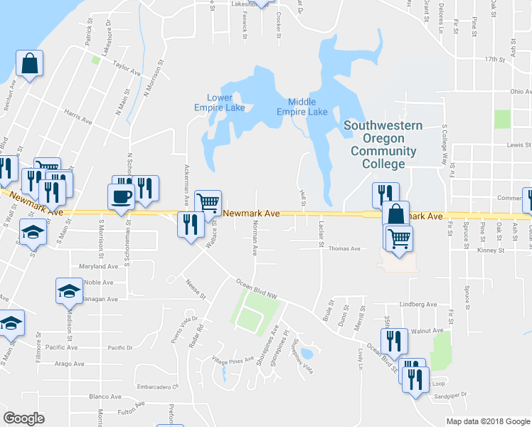 map of restaurants, bars, coffee shops, grocery stores, and more near 1544 Newmark Avenue in Coos Bay