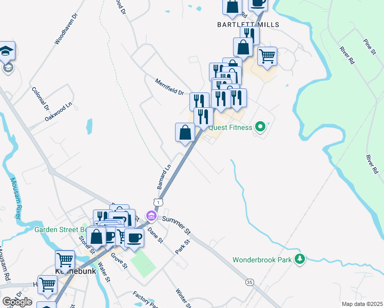 map of restaurants, bars, coffee shops, grocery stores, and more near 2 Penny Lane in Kennebunk