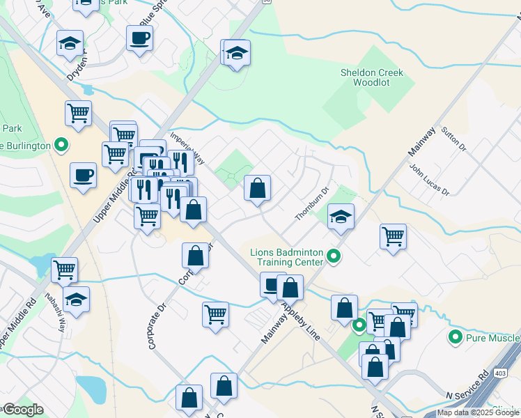 map of restaurants, bars, coffee shops, grocery stores, and more near Lampman Avenue in Burlington