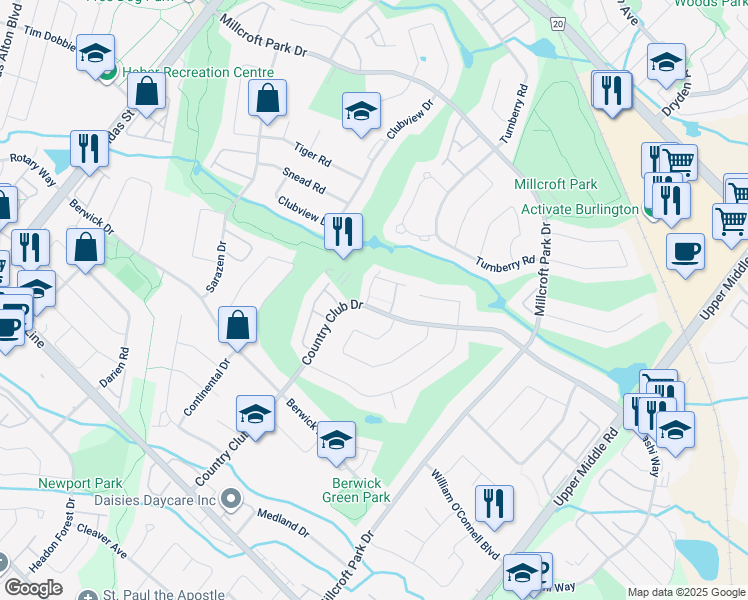 map of restaurants, bars, coffee shops, grocery stores, and more near 2145 Country Club Drive in Burlington