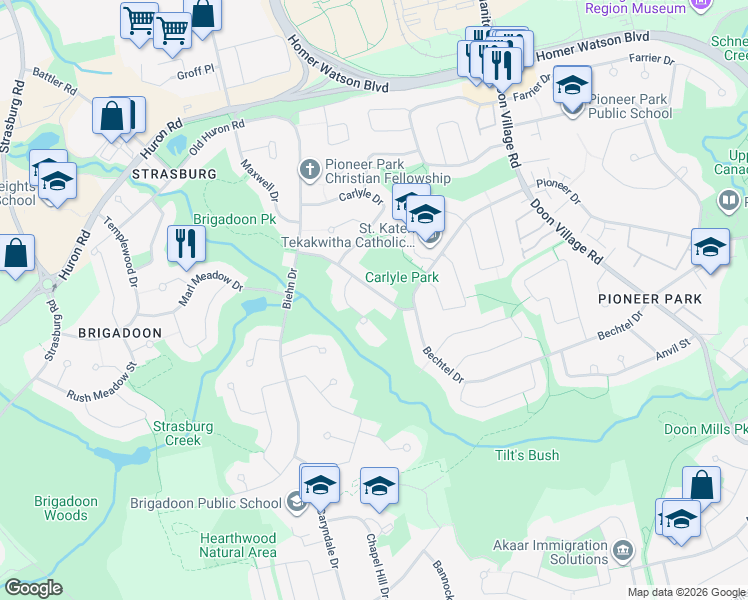 map of restaurants, bars, coffee shops, grocery stores, and more near 42 Black Walnut Drive in Kitchener