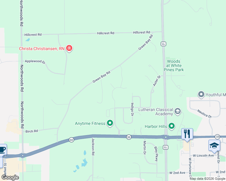 map of restaurants, bars, coffee shops, grocery stores, and more near 3190 Green Bay Road in Port Washington