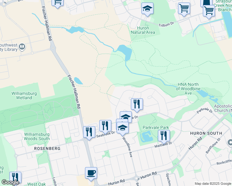 map of restaurants, bars, coffee shops, grocery stores, and more near 261 Woodbine Avenue in Kitchener