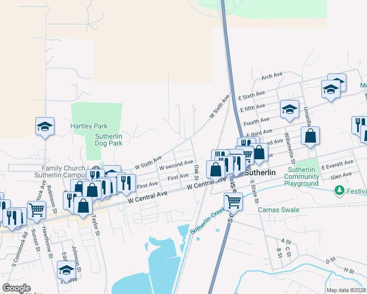 map of restaurants, bars, coffee shops, grocery stores, and more near 521 Tanglewood Street in Sutherlin