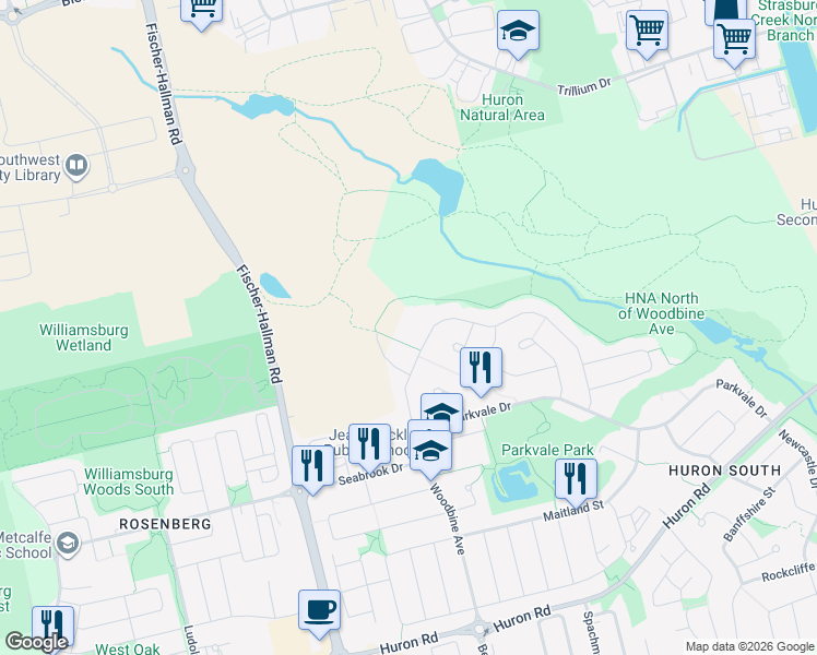 map of restaurants, bars, coffee shops, grocery stores, and more near 302 Woodbine Avenue in Kitchener